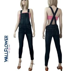 Wallflower Denim Jeans Overalls Bib Strappy Dark Wash Indigo Skinny Leg Stretch